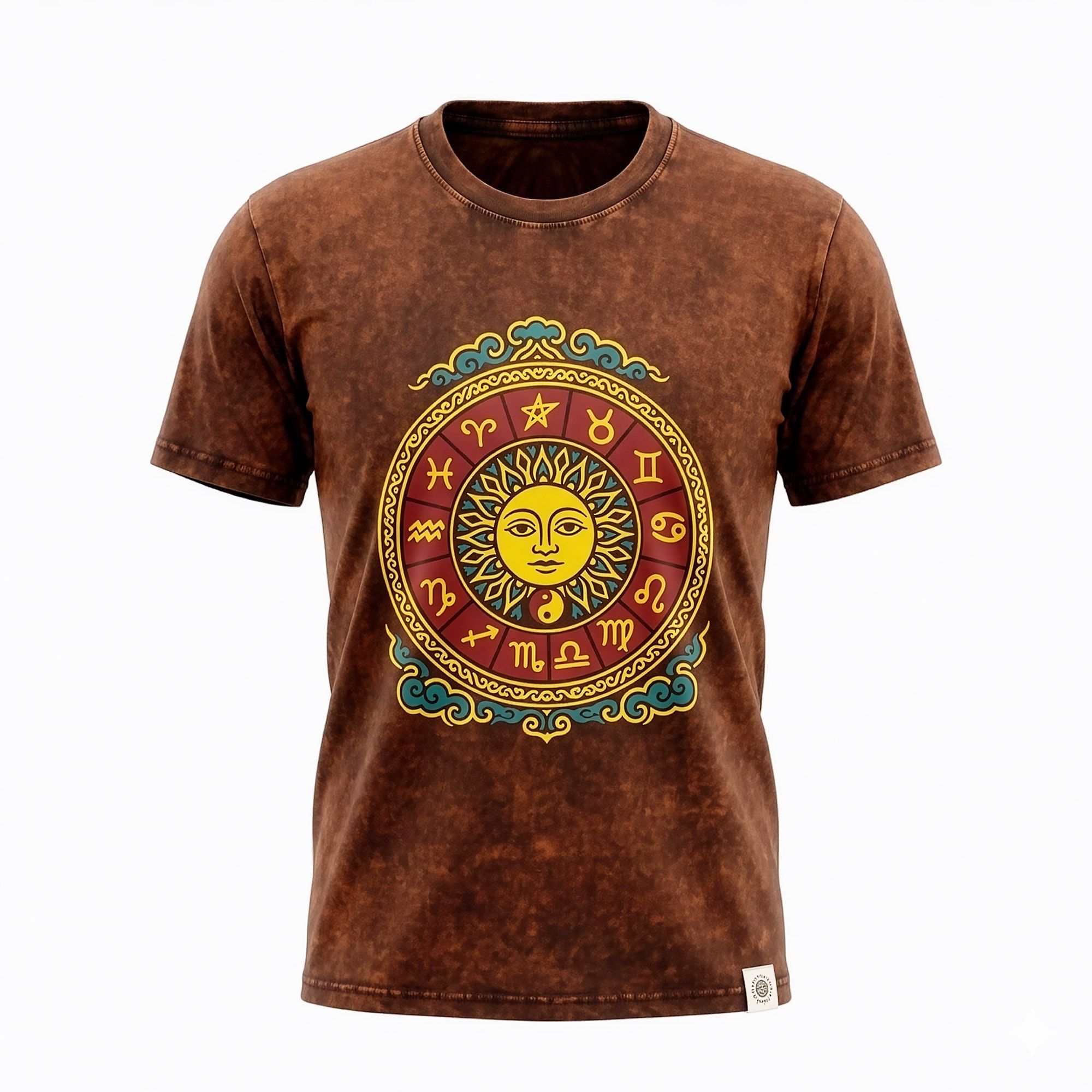 Nomad Sari Stonewashed Cotton T-Shirt - Sun & Zodiac - Brown - Small - Image 6