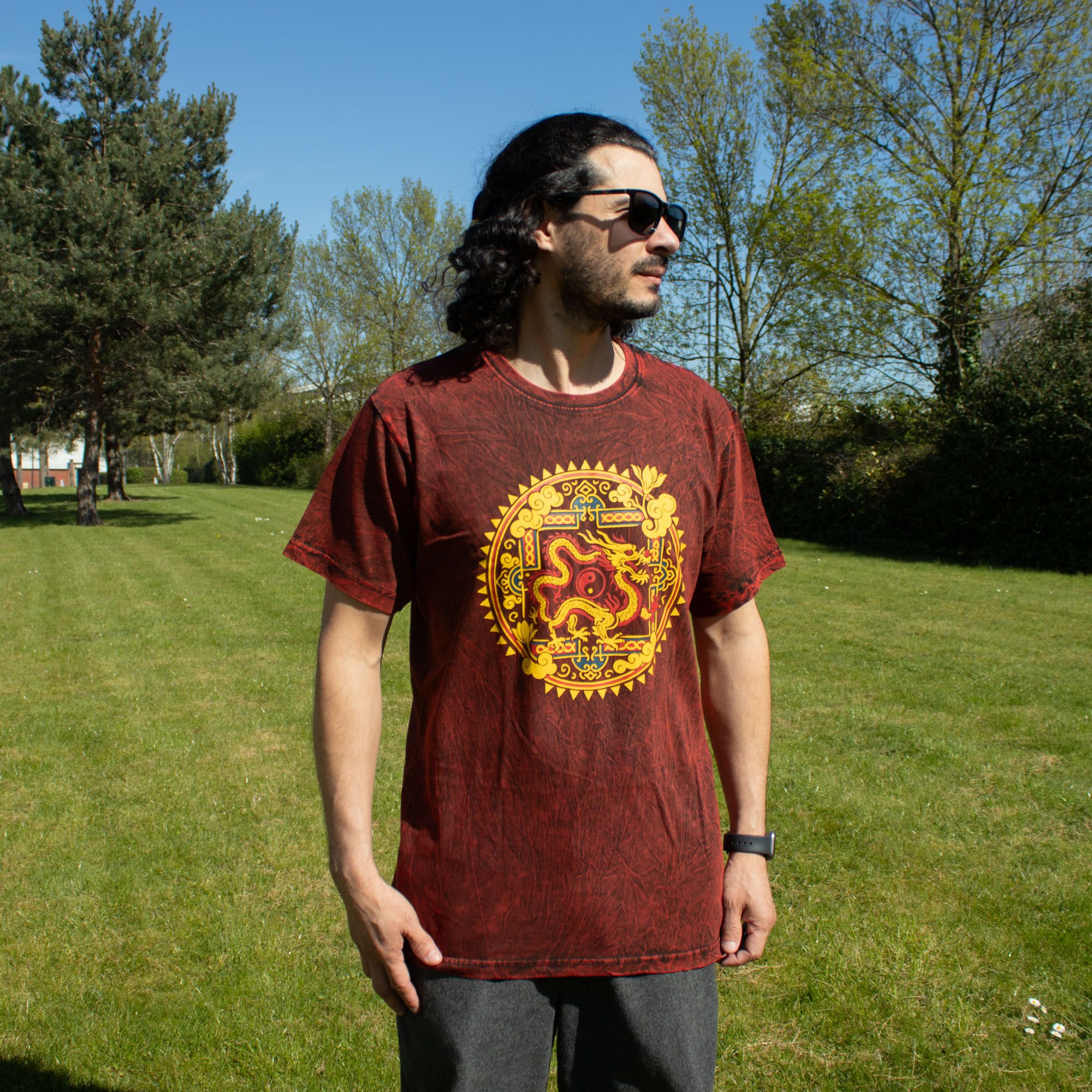 Nomad Sari Stonewashed Cotton T-Shirt - Dragon Mandala - Maroon - Small - Image 5