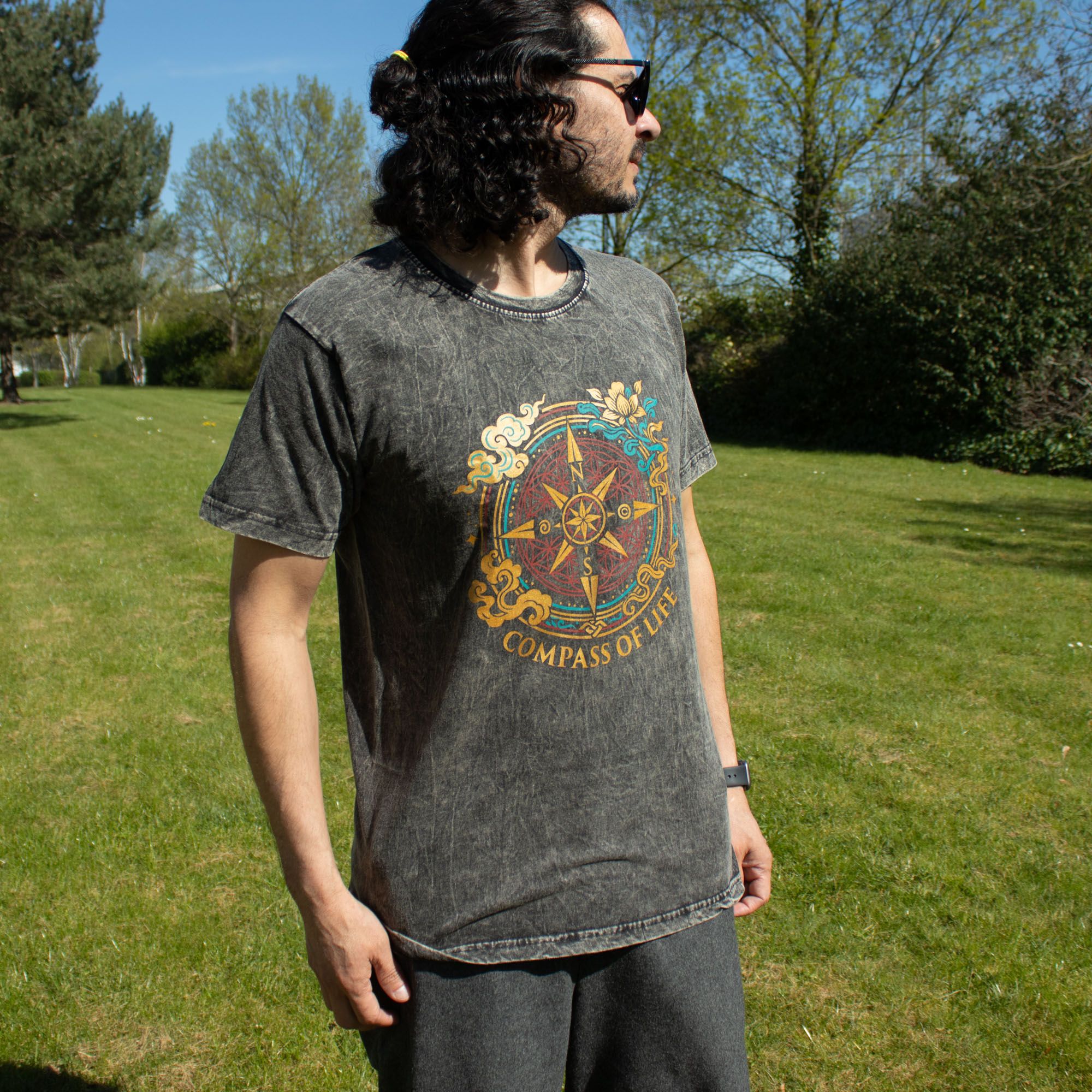 Nomad Sari Stonewashed Cotton T-Shirt - Compass of Life - Charcoal - Small - Image 2